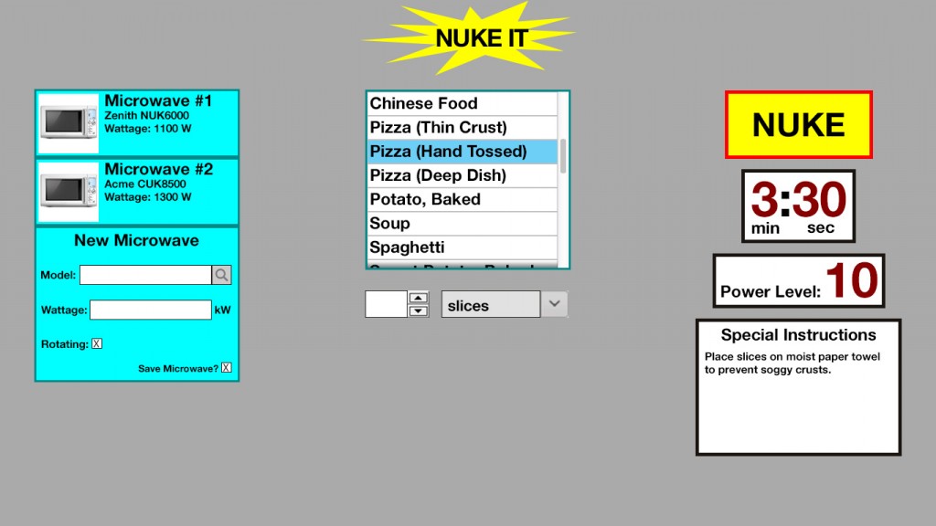 Wireframe layout of Nuke it, a website that makes recommendations on how to reheat food in the microwave.